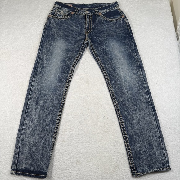 True Religion Jeans Mens 36x33 Blue Denim Acid Wash Flap Pockets